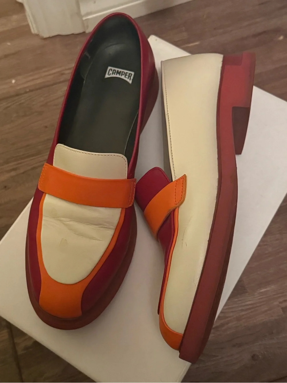 Camper Women's Colorblock Leather Loafers in Red, Orange & Cream